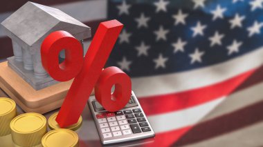 Bank Building ve Gold Coins for America Vergi konsepti 3D