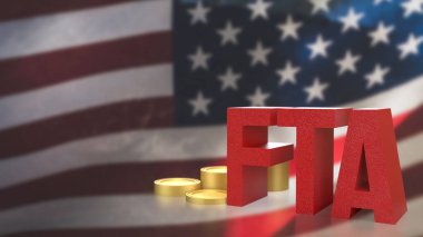 İş Konsepti 3D Hazırlama için Amerika bayrağına FTA ve madeni paralar.
