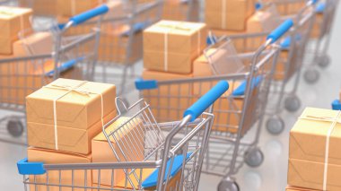 Teslimat veya satış konsepti için alışveriş arabası ve karton kutu 3D.