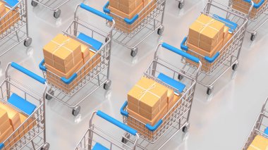 Teslimat veya satış konsepti için alışveriş arabası ve karton kutu 3D.