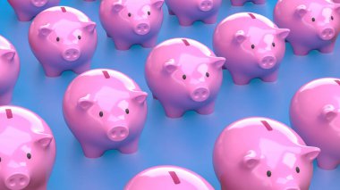 Piggy Bank Group, 3d Tasarlama veya Kazanma kavramı için mavi Arkaplan.