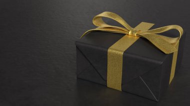 Tatil için beyaz mermer üzerine siyah Gif Kutusu ve Glod kurdelesi ya da 3d Canlandırma Konsepti.