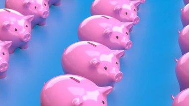 Piggy Bank Group, 3d Tasarlama veya Kazanma kavramı için mavi Arkaplan.