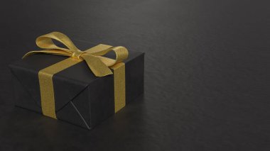 Tatil için beyaz mermer üzerine siyah Gif Kutusu ve Glod kurdelesi ya da 3d Canlandırma Konsepti.