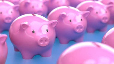 Piggy Bank Group, 3d Tasarlama veya Kazanma kavramı için mavi Arkaplan.