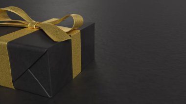 Tatil için beyaz mermer üzerine siyah Gif Kutusu ve Glod kurdelesi ya da 3d Canlandırma Konsepti.