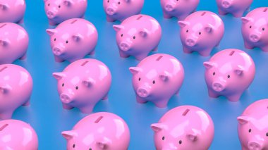 Piggy Bank Group, 3d Tasarlama veya Kazanma kavramı için mavi Arkaplan.