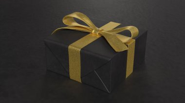 Tatil için beyaz mermer üzerine siyah Gif Kutusu ve Glod kurdelesi ya da 3d Canlandırma Konsepti.