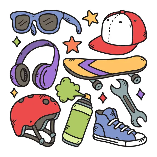 Cool yaz sporları aksesuarlarının karalama stili vektör seti, vektör koleksiyonu.