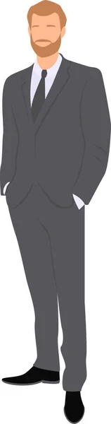 Takım elbiseli, elleri pantolonunun cebinde duran bir adam. Düz vektör illüstrasyonu.