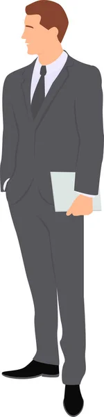 黑头发的男人穿着西装站在那里 手里拿着笔记本电脑 角色设计 平面矢量图解 — 图库矢量图片