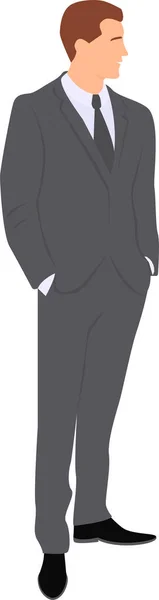 黑头发的男人穿着西装 双手插在裤子口袋里站着 平面矢量图解 — 图库矢量图片