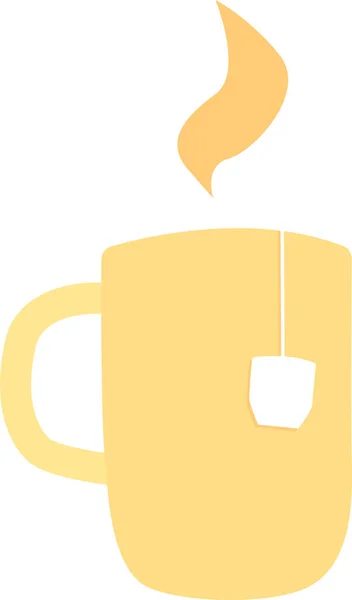 Fincandan sarkan çay poşetindeki sarı bardak ve etiket. Bardağın üstünde yükselen sıcak içecekten çıkan buhar bulutu. Düz vektör illüstrasyonu.