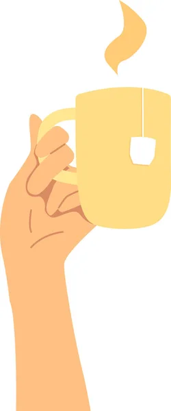 手拿着杯子 上面放着热饮中冒出的水汽 茶袋上的标签挂在杯子上 平面矢量图解 — 图库矢量图片