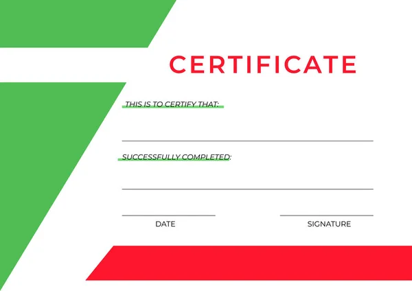 Certificaat Van Voltooiing Sjabloon Groene Rode Kleuren Witte Achtergond — Stockvector