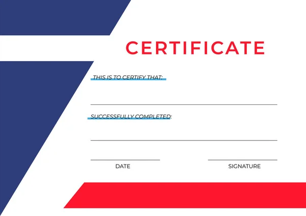 Plantilla Certificado Finalización Colores Azul Rojo Fondo Blanco — Vector de stock