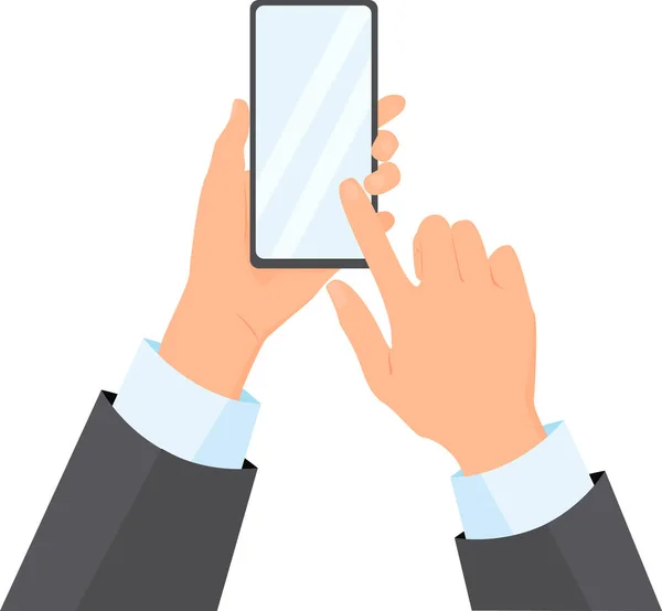 stock vector Two hands wearing in business suit are holding smartphone. Flat vector illustration.