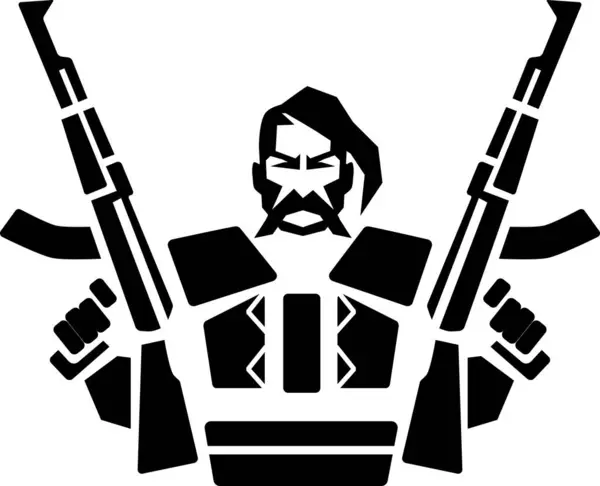 Ukrainian Cossack with submachine guns wearing in Ukrainian vyshyvanka. Ukrainian Kozak. Cyborg. Stylized character image.