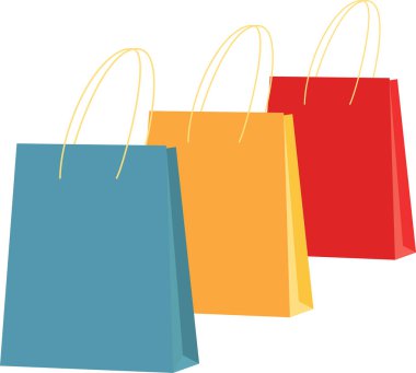 Üç renkli kağıt alışveriş torbası. Vektör çizimi. Düz biçim