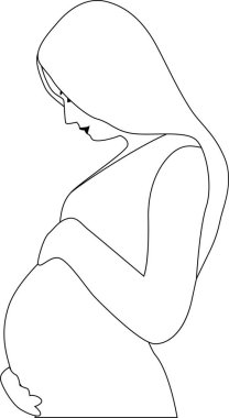 Hamile bir kadın karnına dokunuyor. Taslak vektör çizimi. Şeffaf arkaplan.