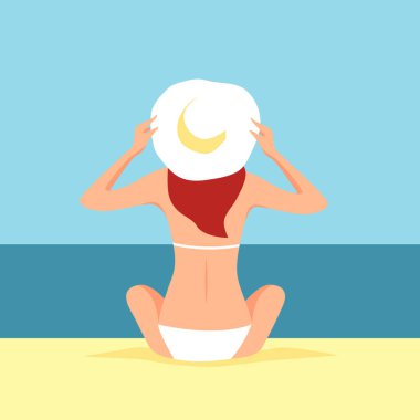  Beyaz mayo ve şapkalı bir kadın sahilde oturuyor ve deniz vektörü çizimine bakıyor.