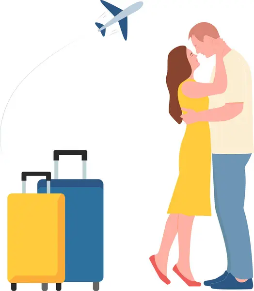 Genç bir adam ve bir kadın sarılıyor, iki bavul, uçakta. Bal ayı seyahat vektör çizimi. Şeffaf arkaplan