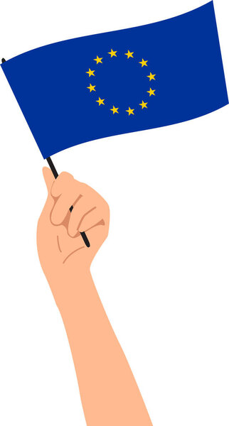 Hand holding the flag of the European Union. Vector illustration with transparent background.