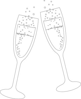 Two glasses of champagne outline vector illustration with transparent background.