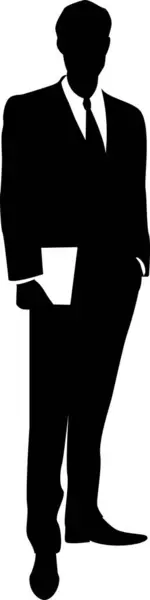 Takım elbiseli bir adam elinde dizüstü bilgisayarla poz veriyor. Siyah beyaz renkli, şeffaf arkaplanı olan vektör illüstrasyonu..