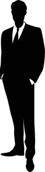 Takım elbiseli adam ayakta duruyor. Şeffaf arkaplan ile siyah ve beyaz renkli vektör illüstrasyonu.