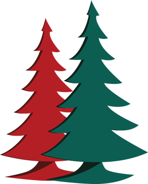 Kırmızı ve yeşil renkli iki dekoratif Noel ağacı. Şeffaf arkaplan ile png illüstrasyonu.