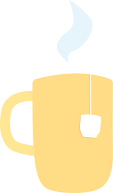 Çay poşeti etiketli ve mavi buhar bulutlu bir fincan. Çizgi film tarzında şeffaf arkaplan ile png illüstrasyonu.