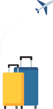 Koyu mavi ve sarı bavullar ve uçuşan uçak. Şeffaf arkaplan ile png illüstrasyonu.