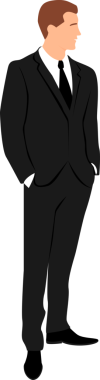 Siyah saçlı, takım elbiseli, elleri pantolonunun cebinde duran bir adam. Şeffaf arkaplan ile png illüstrasyonu.