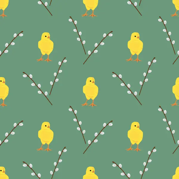 Tatlı küçük civciv ve söğüt dalları ile tüylü söğüt ağaçlarının kusursuz vektör deseni. Kolayca değiştirilebilir arkaplan rengi