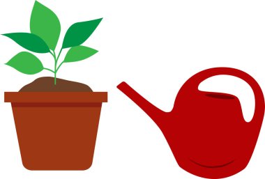 Yeşil bitki ve sulama tenceresi olan bir saksı. Şeffaf arkaplan ile vektör illüstrasyonu.