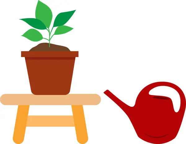 Bankta duran yeşil çiçekli bir saksı ve sulama kabı. Şeffaf arkaplan ile vektör illüstrasyonu.