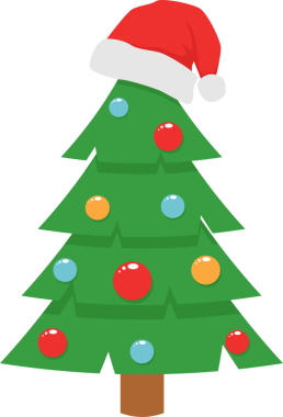 Christmas tree decorated with Christmas balls and red Santa hat. Png illustration with transparent background.