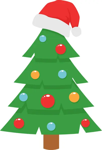 Noel ağacı Noel topları ve kırmızı Noel Baba şapkasıyla süslenmiş. Şeffaf arkaplan ile vektör illüstrasyonu.