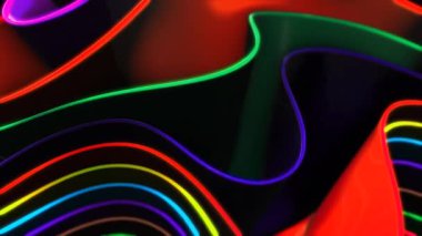 Kıvrımlı, neon kurdeleler ve gökkuşağı renklerinde girdaplar. Hareketli kenarlar ve pürüzsüz hatlar siyah bir arkaplan üzerinde dinamik, ışık izi etkisi yaratır.