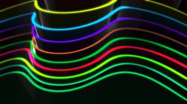 Çok sayıda neon renkli kurdele ve kıvrımlar koyu arkaplanda pürüzsüz dalgalar halinde. Her grup farklı bir renkte parlıyor ve canlı, fütüristik bir kurdele etkisi yaratıyor.