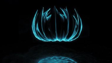 Parlak, neon mavisi, metalik, soyut bir çiçek. Dikenli, yapraksı yapıları açılıp kapanıyor.