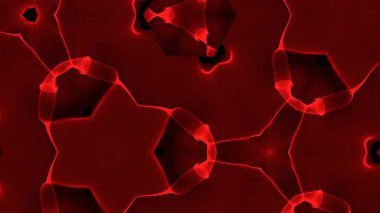 Koyu arkaplanda parlayan kırmızı şekillerin soyut kaleydoskopu. Sıvı hatları organik döngüler ve yıldız benzeri desenler oluşturur.