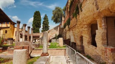 Yosun, İtalya 'nın Verona, Veneto kentindeki Roma harabelerindeki sütunları ve duvar parçalarını kapladı.