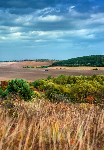 Stock image panoramic view of the autumn plowed fields with work tractors from the height of the hills with dry yellow grasses