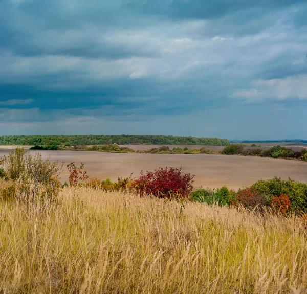 Panoramic View Autumn Plowed Fields Height Hills — Stock Photo, Image