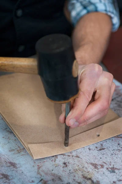 Process Punching Holes Manual Punch Hammer Eyelets Craft Bag Close — Stock Photo, Image