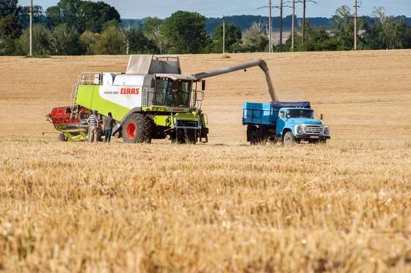 2020年8月10日 夏の終わりに収穫小麦を組み合わせてダンプトラックにロードする農業小麦の収穫 — ストック写真