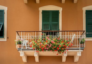 Terasotta cephesinde sardunya çiçekleriyle dolu güzel bir balkon ve geleneksel İtalyan pencereleri.