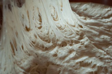 The process of baking artisan, homemade bread: an old recipe of Italian dough, fermented. Gluten structure close-up clipart